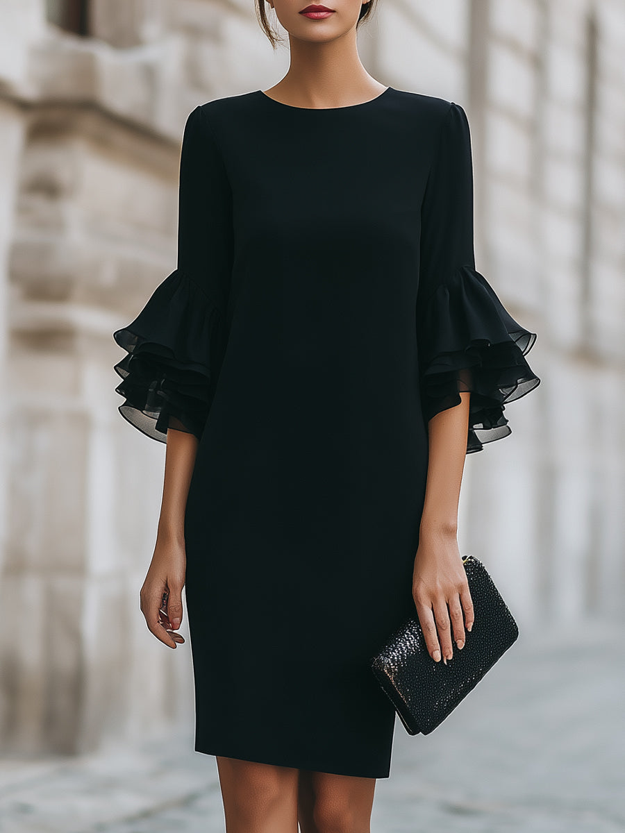 Black Dress With Ruffled Sheer Sleeves | Elegant Women's Dress