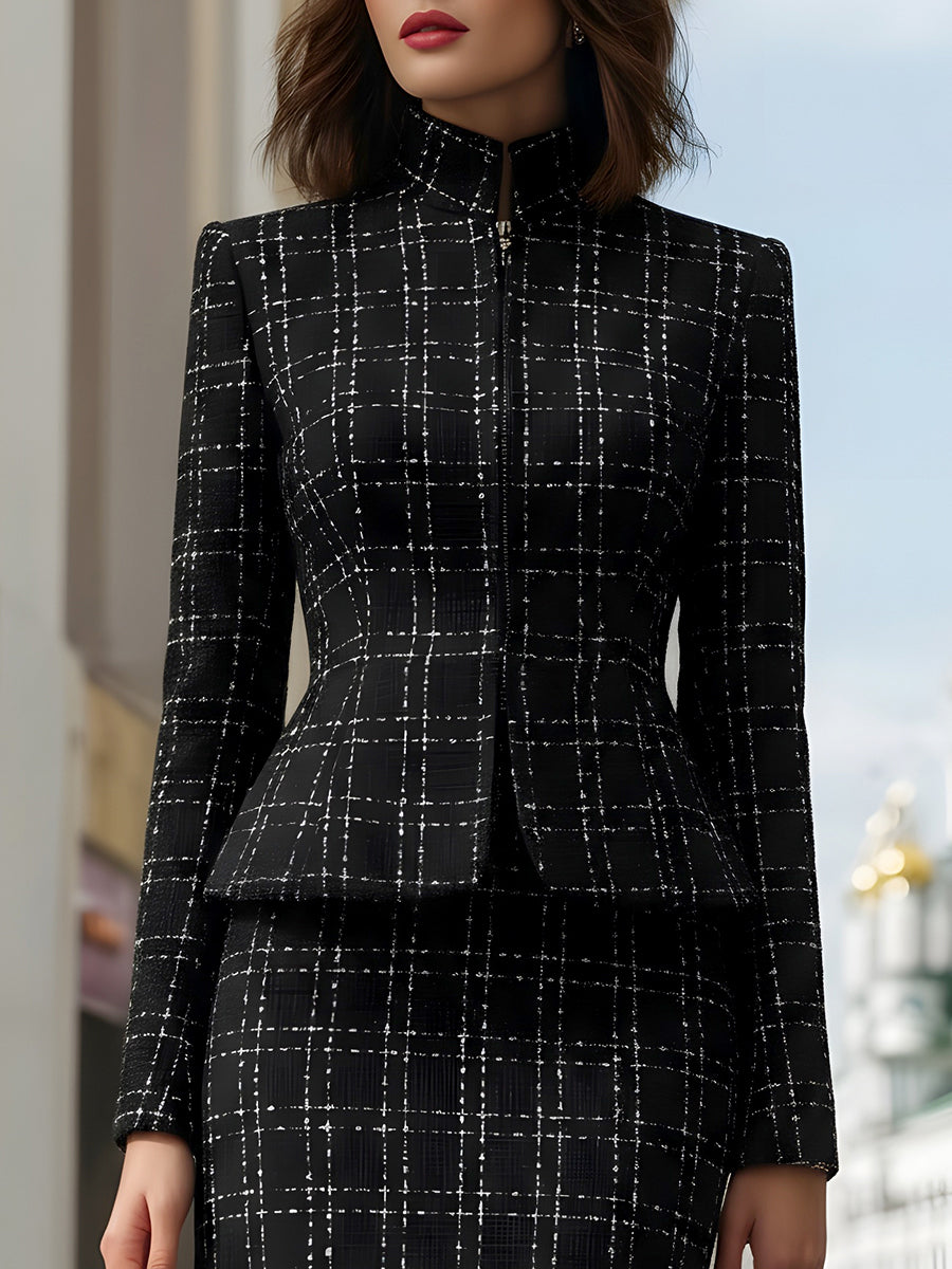 Plaid Peplum Jacket And Pencil Skirt Set | Elegant Women's Dress