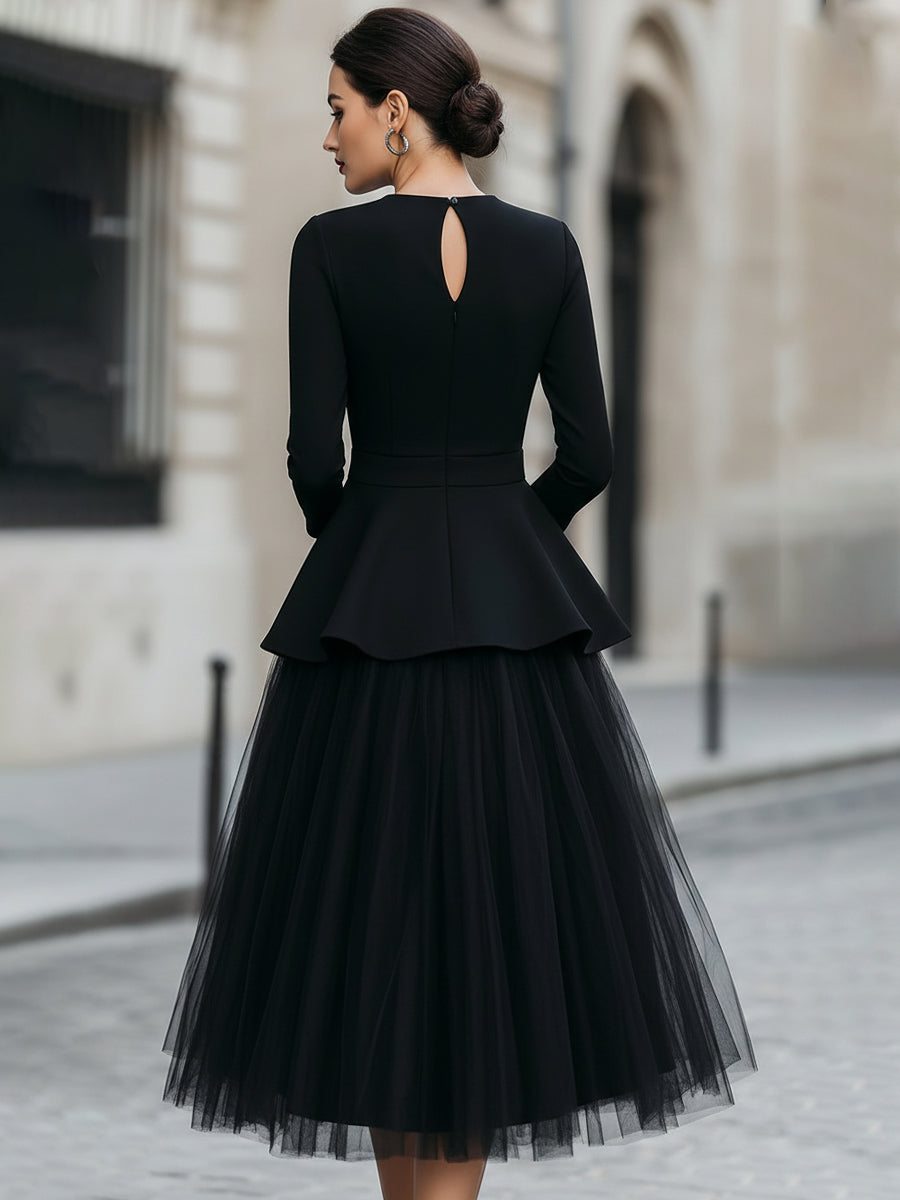 Structured Peplum Top and Layered Midi Skirt Set | Elegant Women's Dress