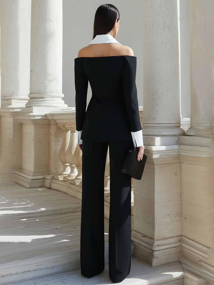 Off-Shoulder Contrast-Collar Tailored Blazer And Straight-Leg Trousers Set | Elegant Women's Dress