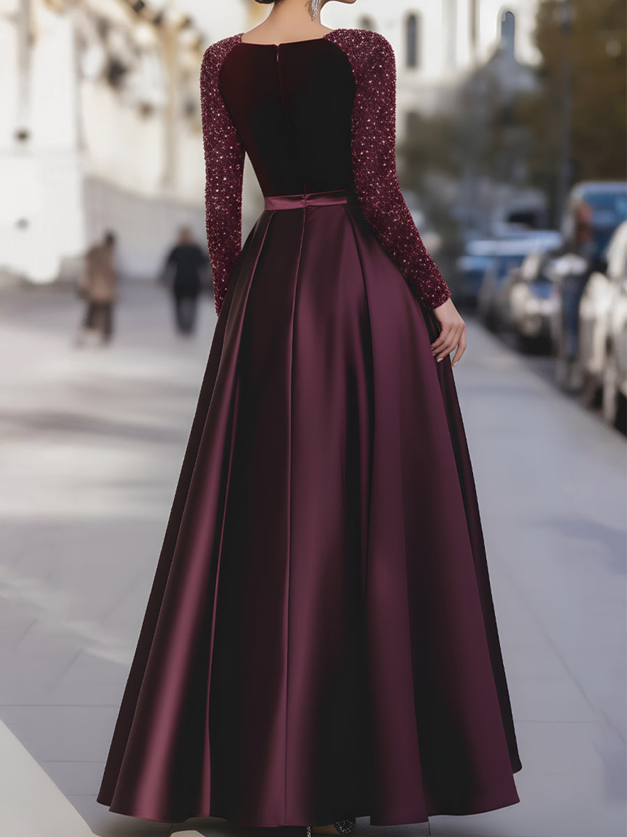 Velvet Sequin Sleeve Gown With Satin Skirt | Elegant Women's Dress