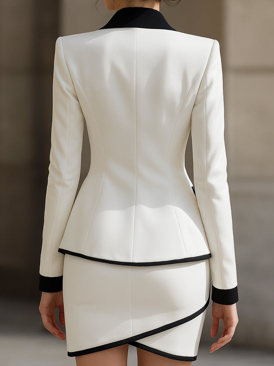 Contrast Trim Tuxedo Blazer And Skirt Set | Elegant Women's Dress