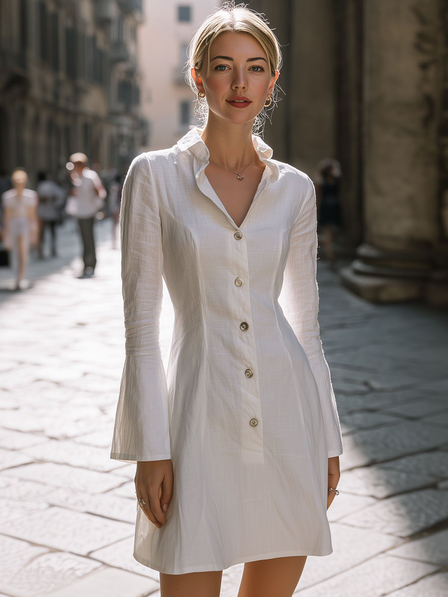 Vintage-Inspired Linen Blend Mini Shirt Dress With Flared Bell Sleeves | Elegant Women's Dress