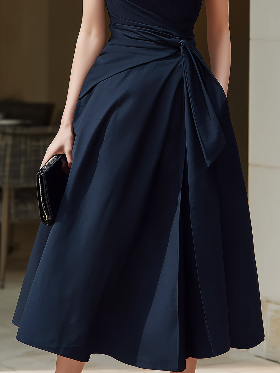 Sleeveless Wrap Midi Dress With Structured Stand Collar | Elegant Women's Dress