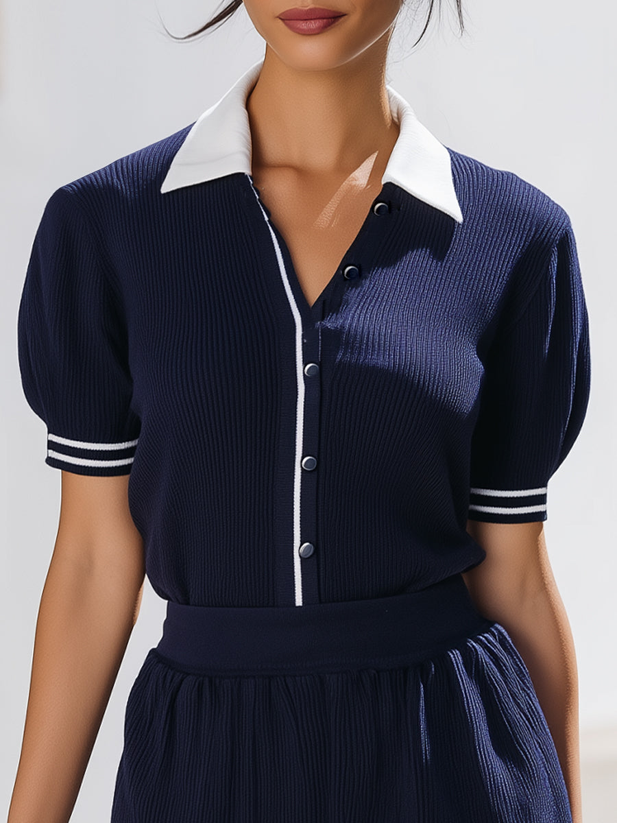 Navy Ribbed Polo Two-Piece Set – Preppy Retro Style For Effortless Casual Chic | Elegant Women's Dress