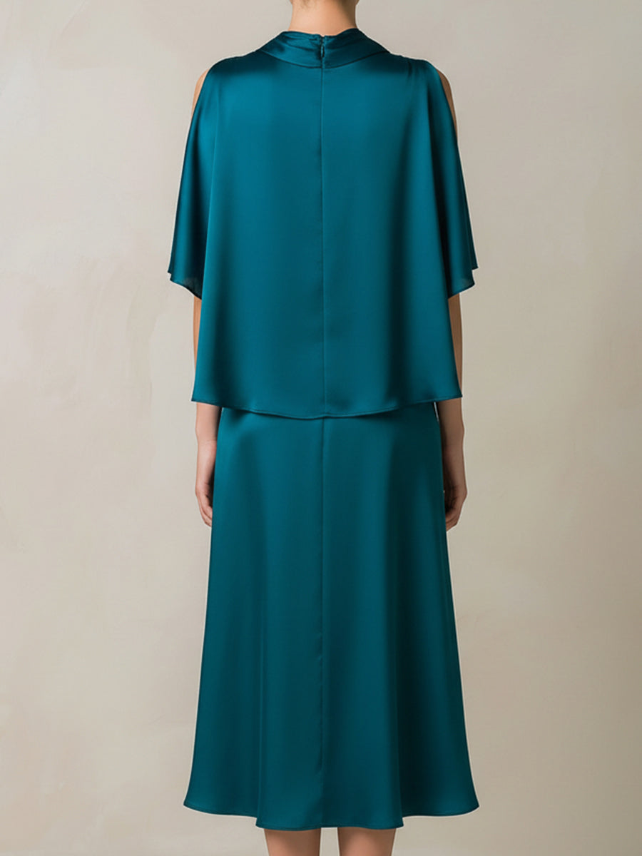 Teal Draped Cape-Sleeve Midi Dress | Elegant Women's Dress