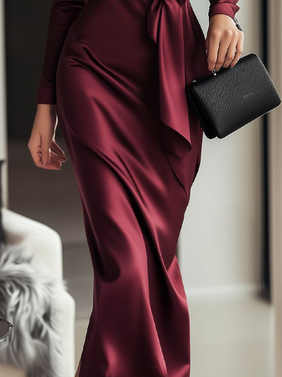 Timeless Burgundy Satin Wrap Dress with Waist Tie Detail | Elegant Women's Dress