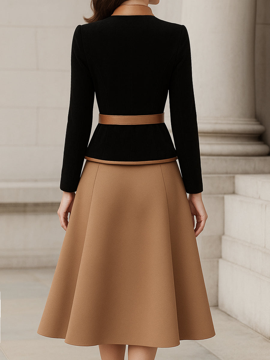 Two-Tone Trim Blazer And A-Line Midi Skirt Set | Elegant Women's Dress