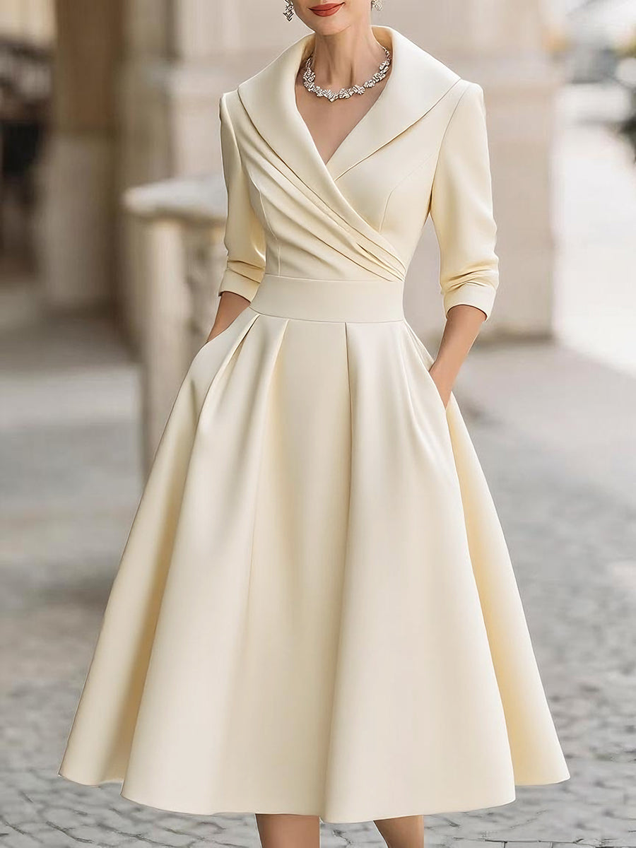 Vintage-Inspired Satin Midi Dress With Draped Collar | Elegant Women's Dress