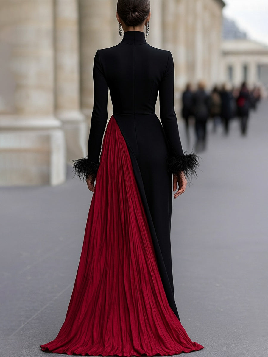Black And Red Pleated Gown With Feather Cuff Details | Elegant Women's Dress