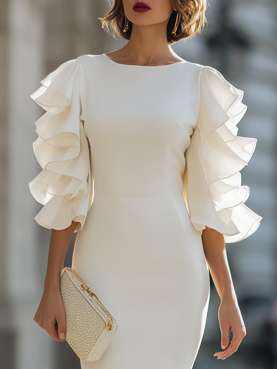 White Dress With Ruffled Sheer Sleeves | Elegant Women's Dress