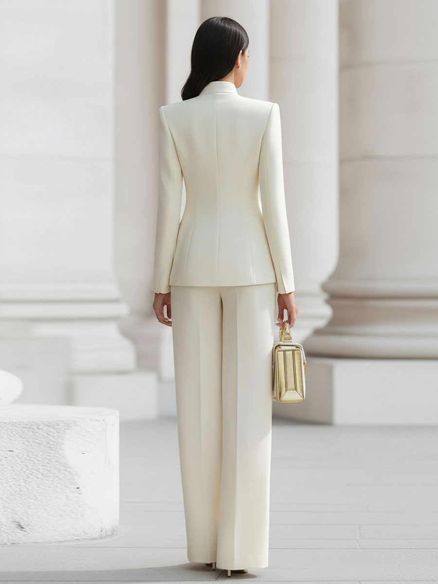 Elegant Cream Military-Inspired Tailored Suit Set With Gold Accents | Elegant Women's Dress