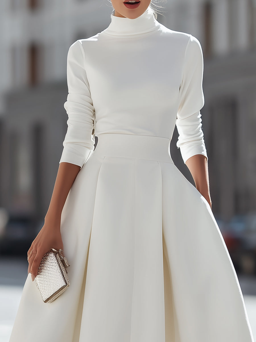 Long Sleeve High-Neck Top And Midi Skirt Two-Piece Set | Elegant Women's Dress