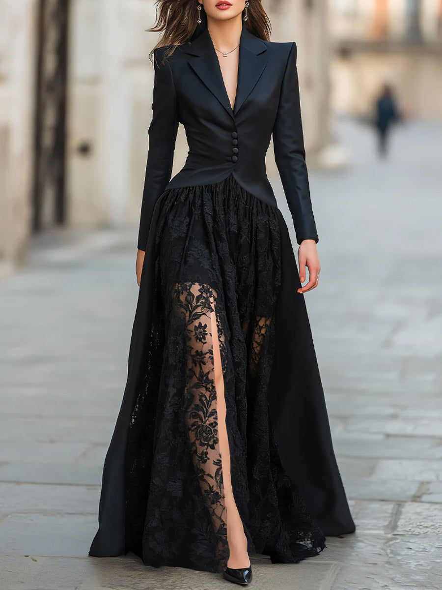 Elegant Tailored Blazer Panel Lace Gown Set | Elegant Women's Dress