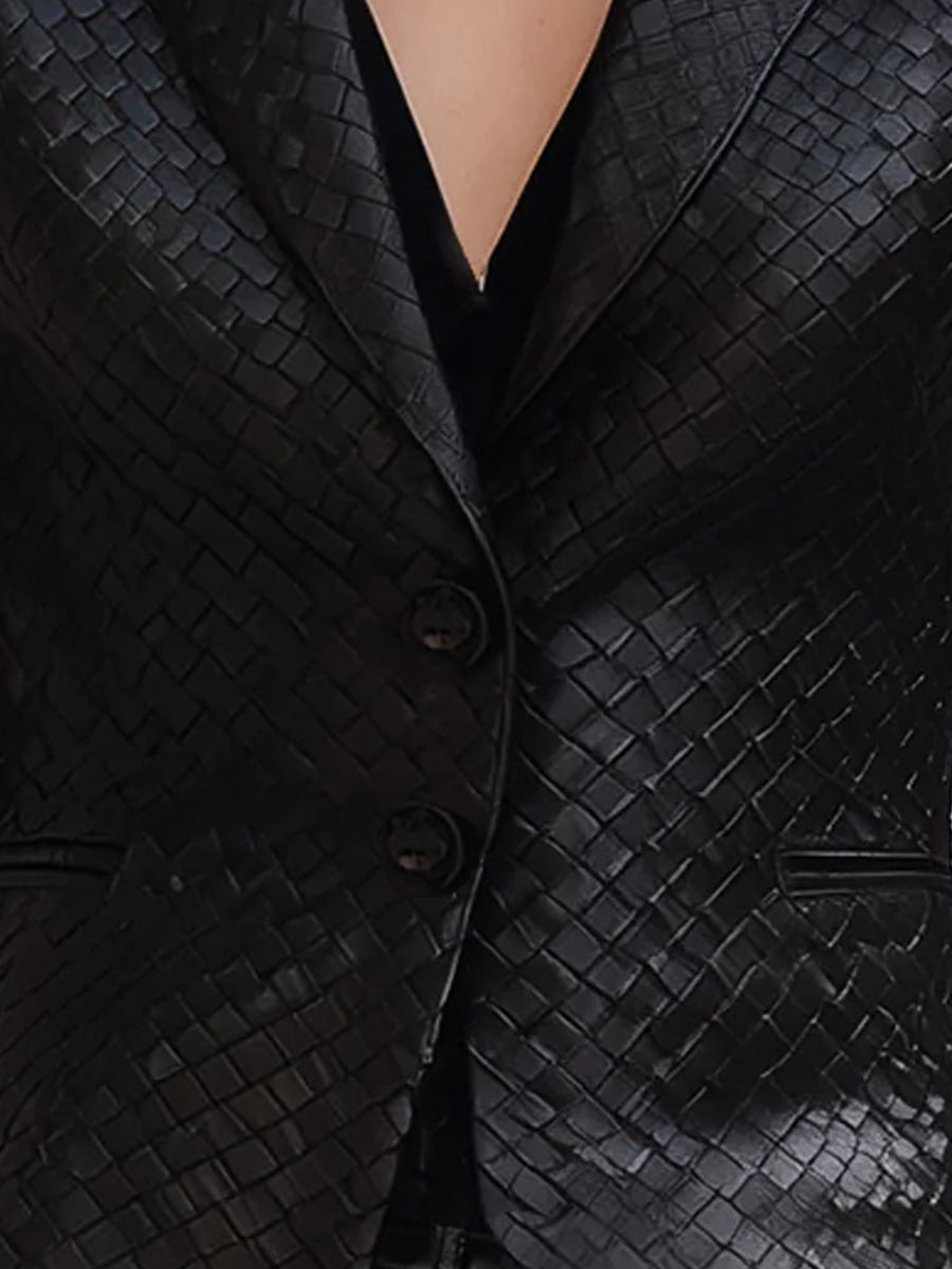 Black Woven Faux Leather Blazer | Elegant Women's Dress