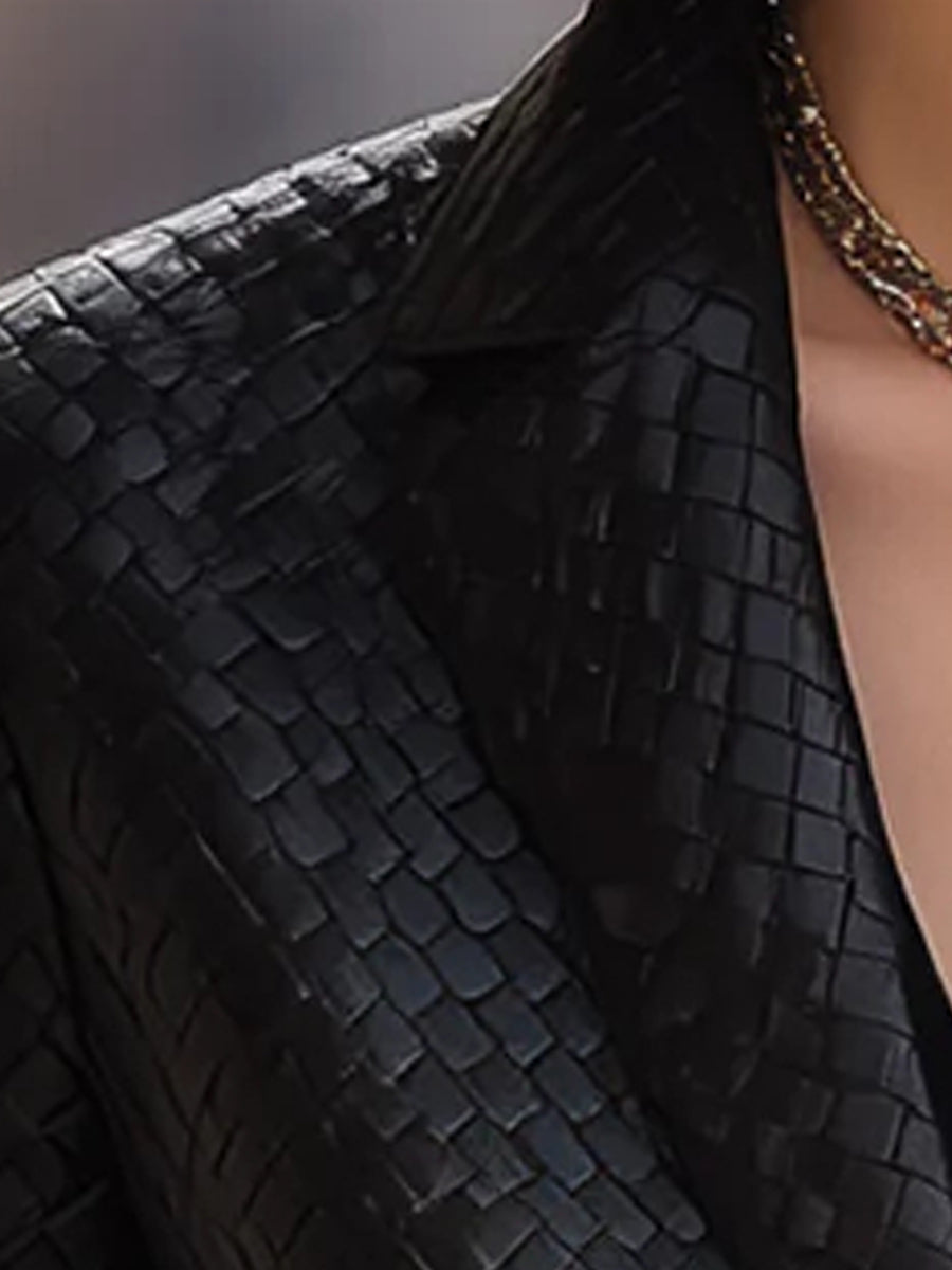 Black Woven Faux Leather Blazer | Elegant Women's Dress