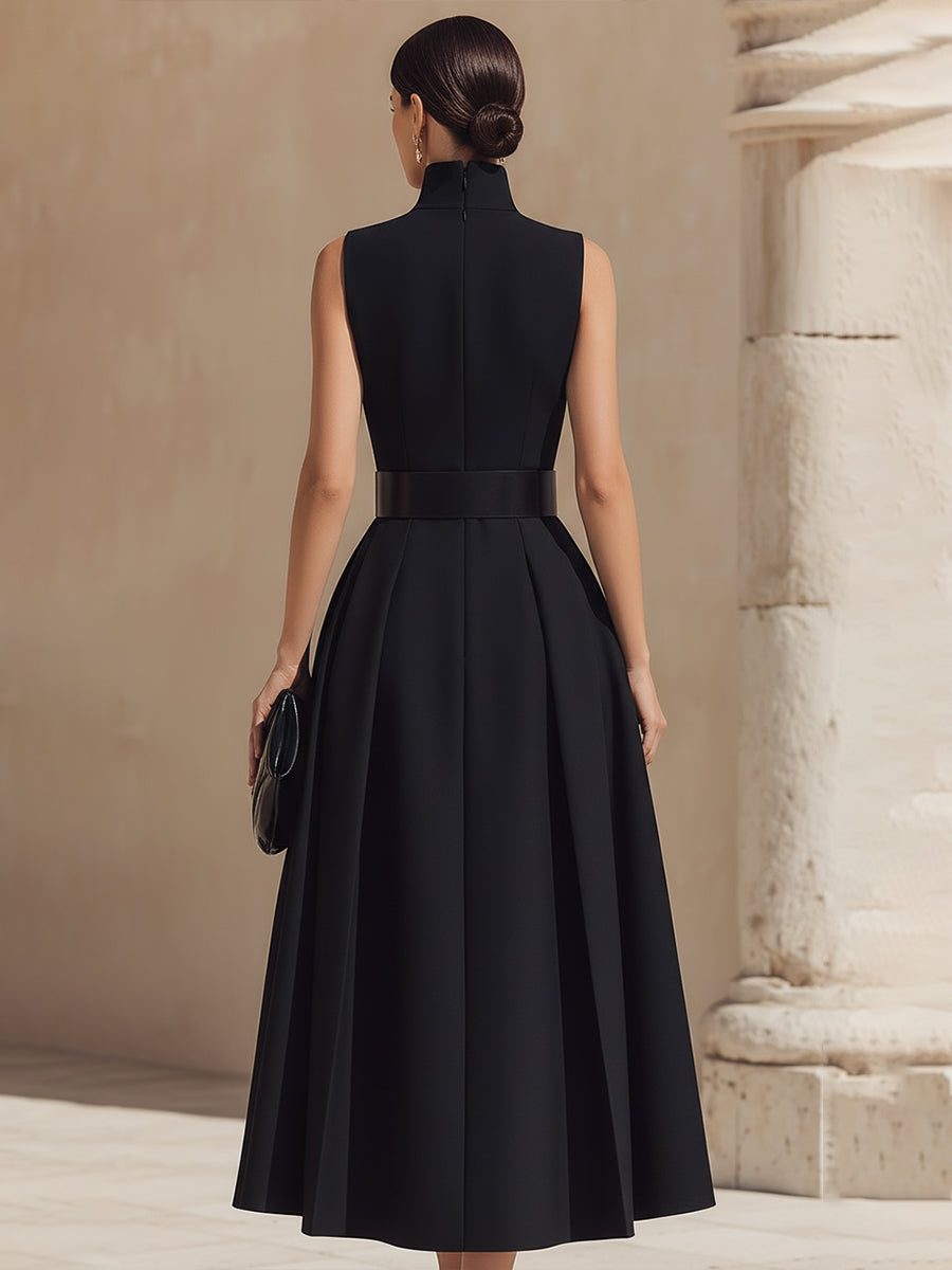 Belted High-Neck Pleated Maxi Dress | Elegant Women's Dress