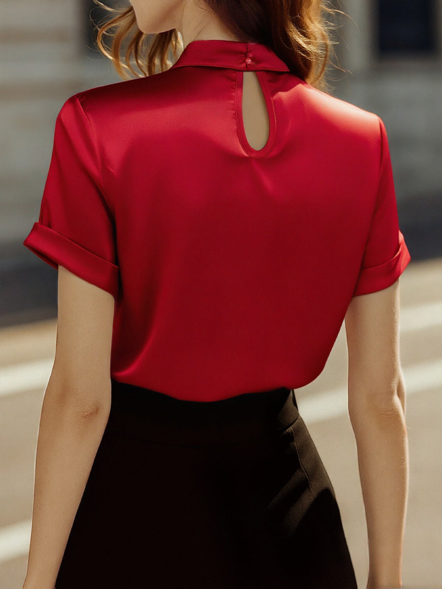 Sophisticated White Satin Blouse with Modern Keyhole Neckline | Elegant Women's Dress