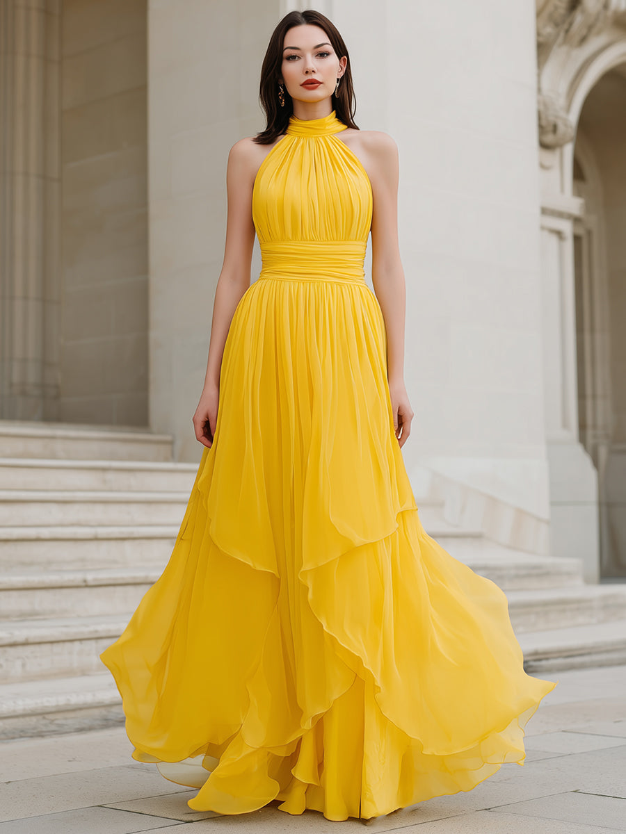 Yellow Halter Neck Pleated Chiffon Maxi Dress With Tiered Hem | Elegant Women's Dress