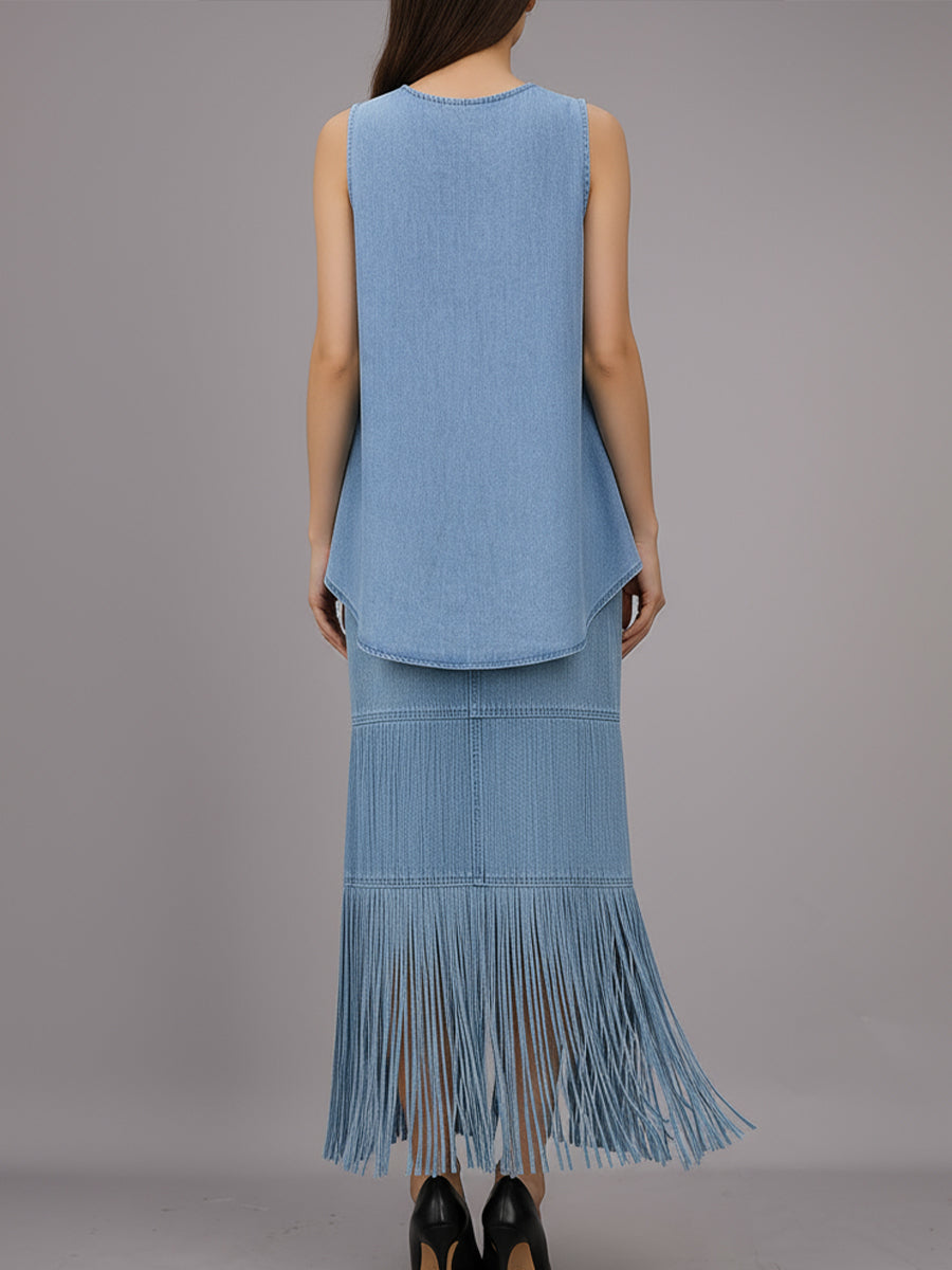 Stylish Denim Two-Piece Set With Asymmetrical Top And Fringed Skirt | Elegant Women's Dress