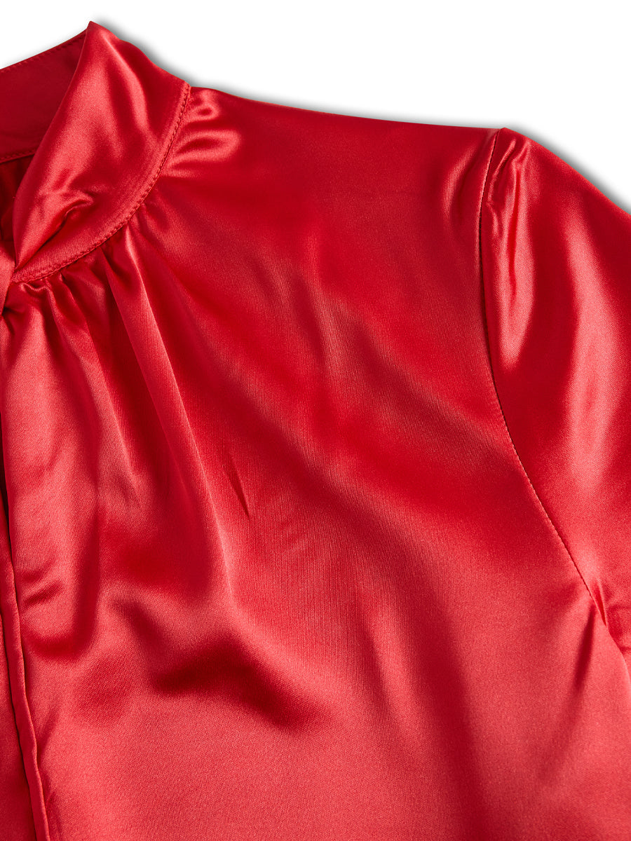 Sophisticated White Satin Blouse with Modern Keyhole Neckline | Elegant Women's Dress