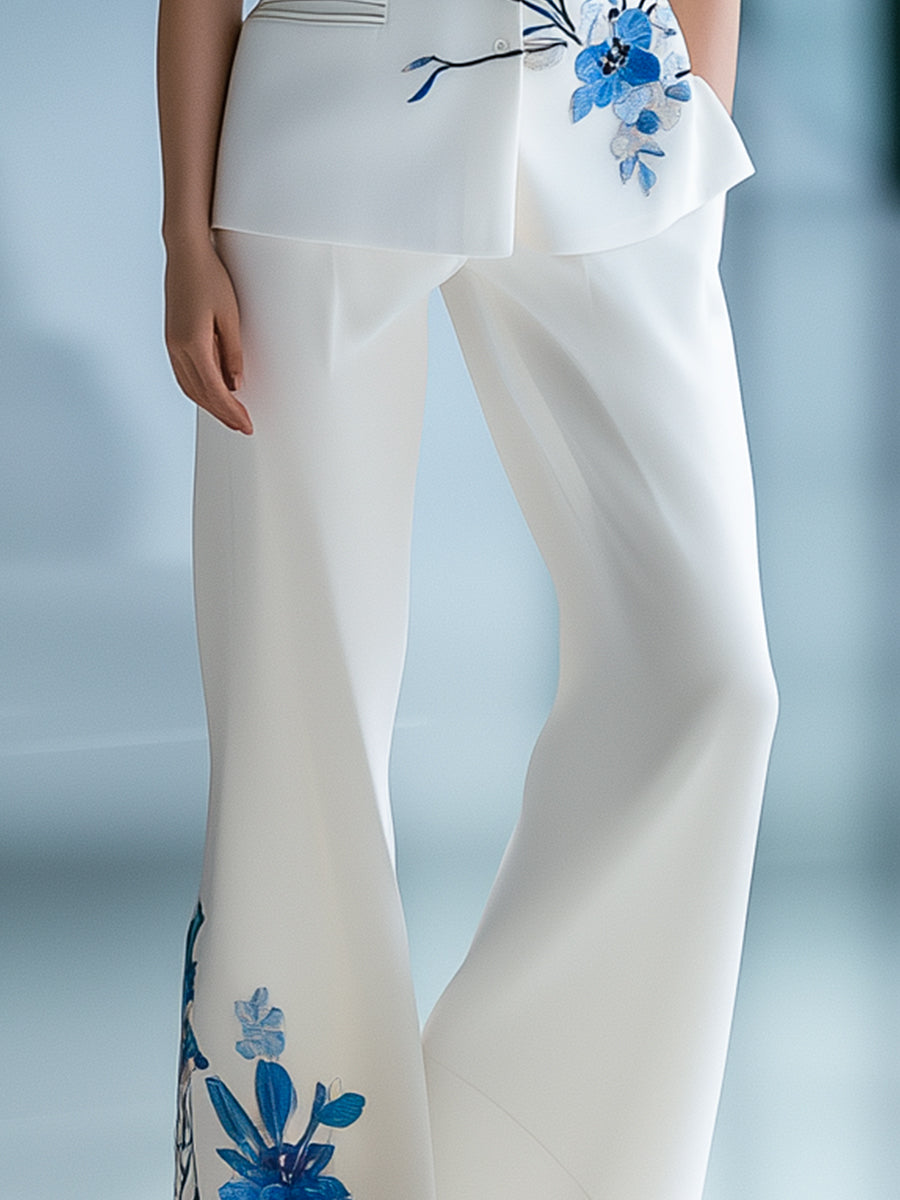 Urban Sleeveless Floral Printed Blazer and Trousers Set | Elegant Women's Dress