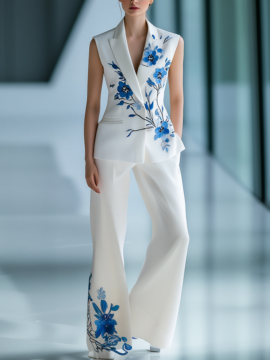 Urban Sleeveless Floral Printed Blazer and Trousers Set | Elegant Women's Dress