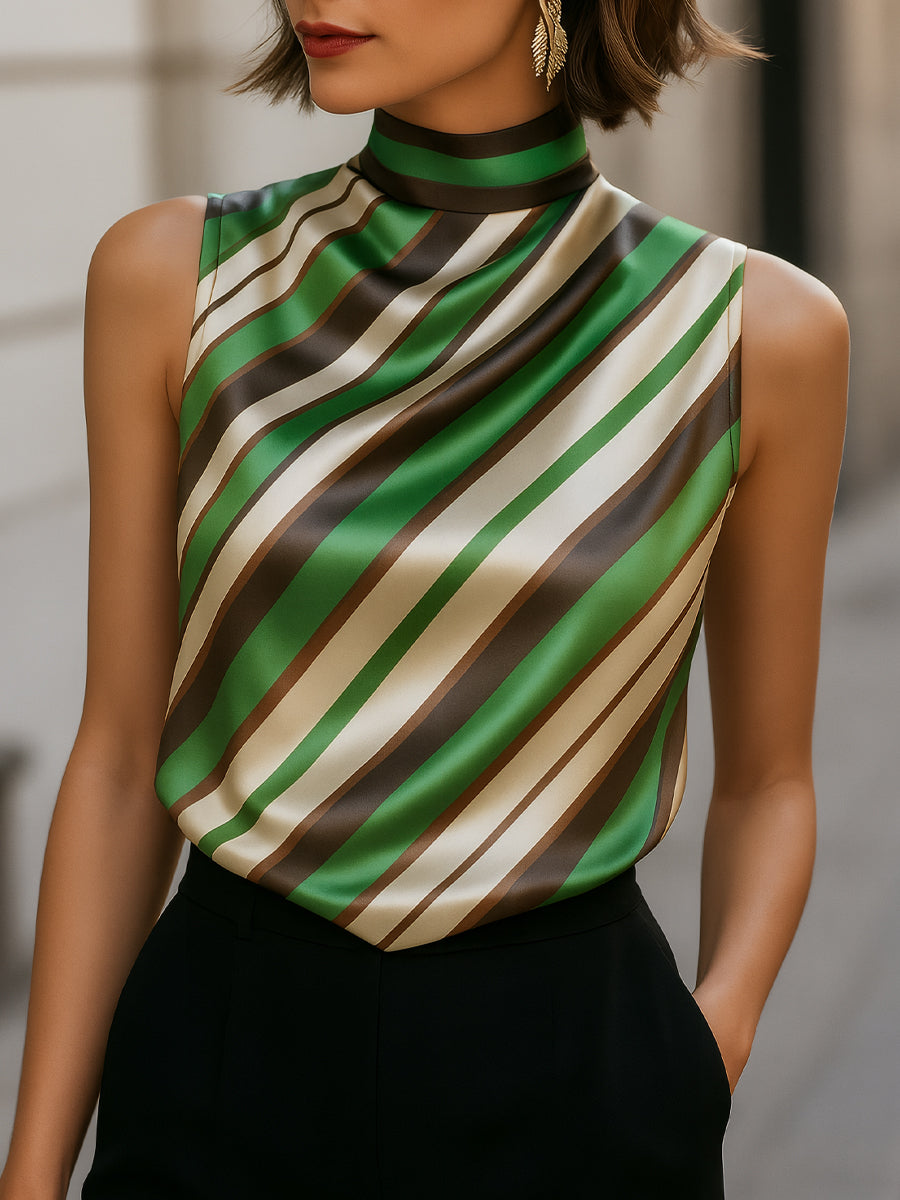 Striped Satin High-Neck Sleeveless Blouse | Elegant Women's Dress