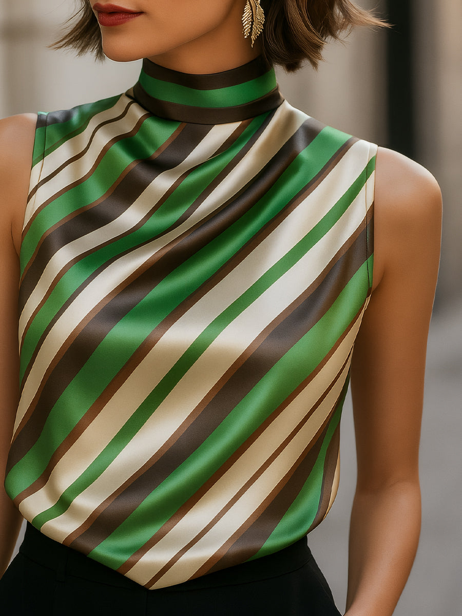 Striped Satin High-Neck Sleeveless Blouse | Elegant Women's Dress