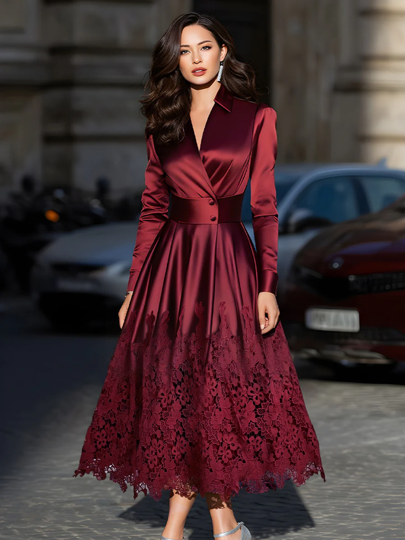 Burgundy Satin Belted Midi Dress With Lace Hem | Elegant Women's Dress