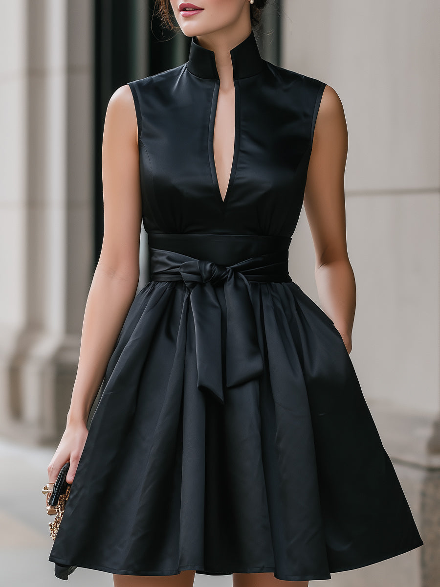 Black Satin Mandarin Collar Mini Dress With Bow Waist Detail | Elegant Women's Dress
