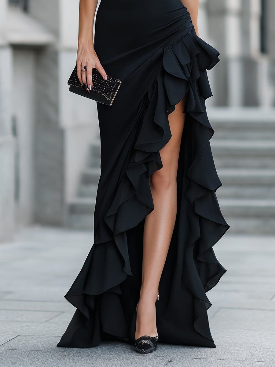 Asymmetric One-Shoulder Ruffle Slit Evening Dress | Elegant Women's Dress