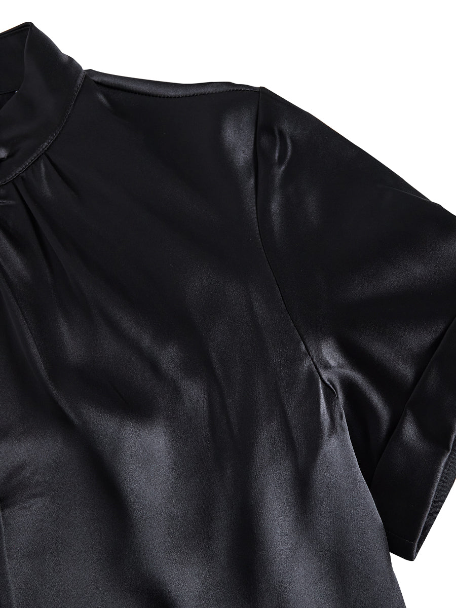 Sophisticated White Satin Blouse with Modern Keyhole Neckline | Elegant Women's Dress