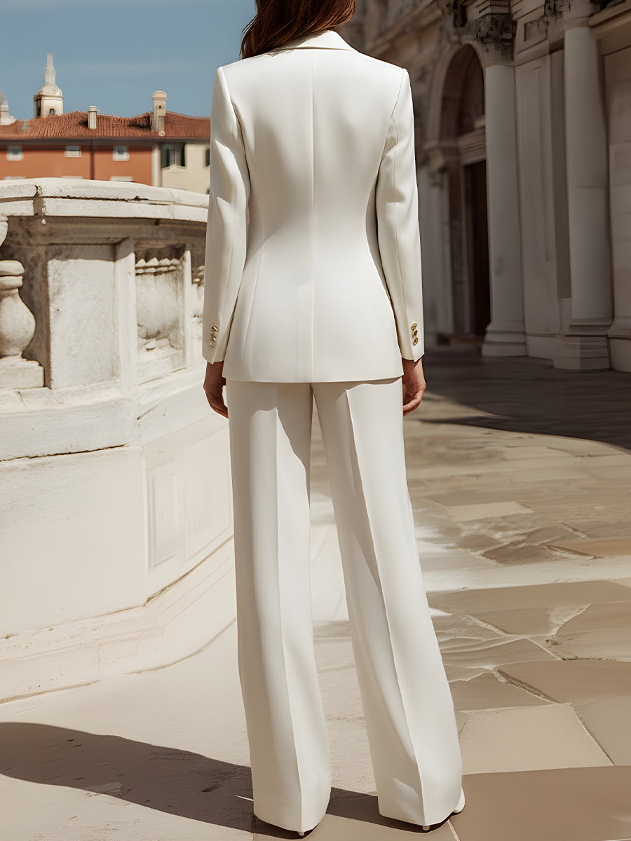 Double-Breasted Blazer & Wide-Leg Tailored Trousers Suit Set | Elegant Women's Dress
