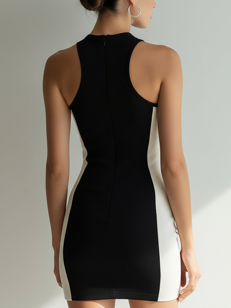 Black & Ivory Color-Block Sleeveless Bodycon Mini Dress | Elegant Women's Dress
