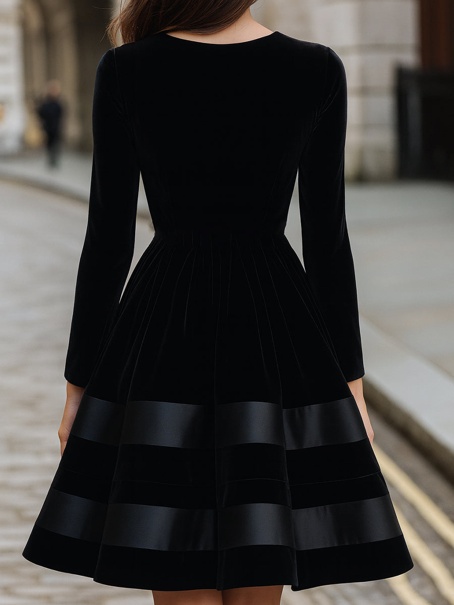 Black Velvet Fit-and-Flare Dress With Satin Stripes | Elegant Women's Dress