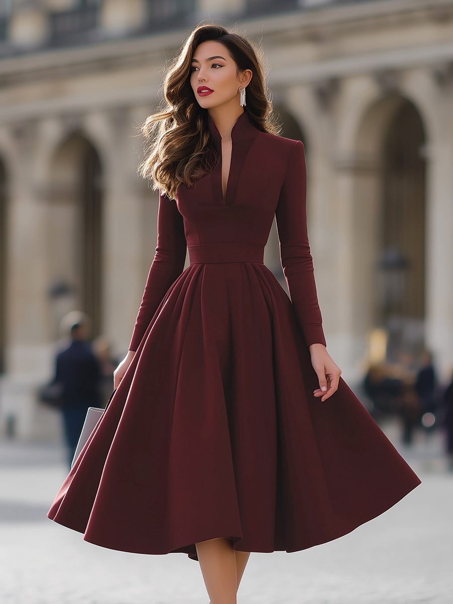 Burgundy V-Neck Full-Skirt Midi Dress | Elegant Women's Dress