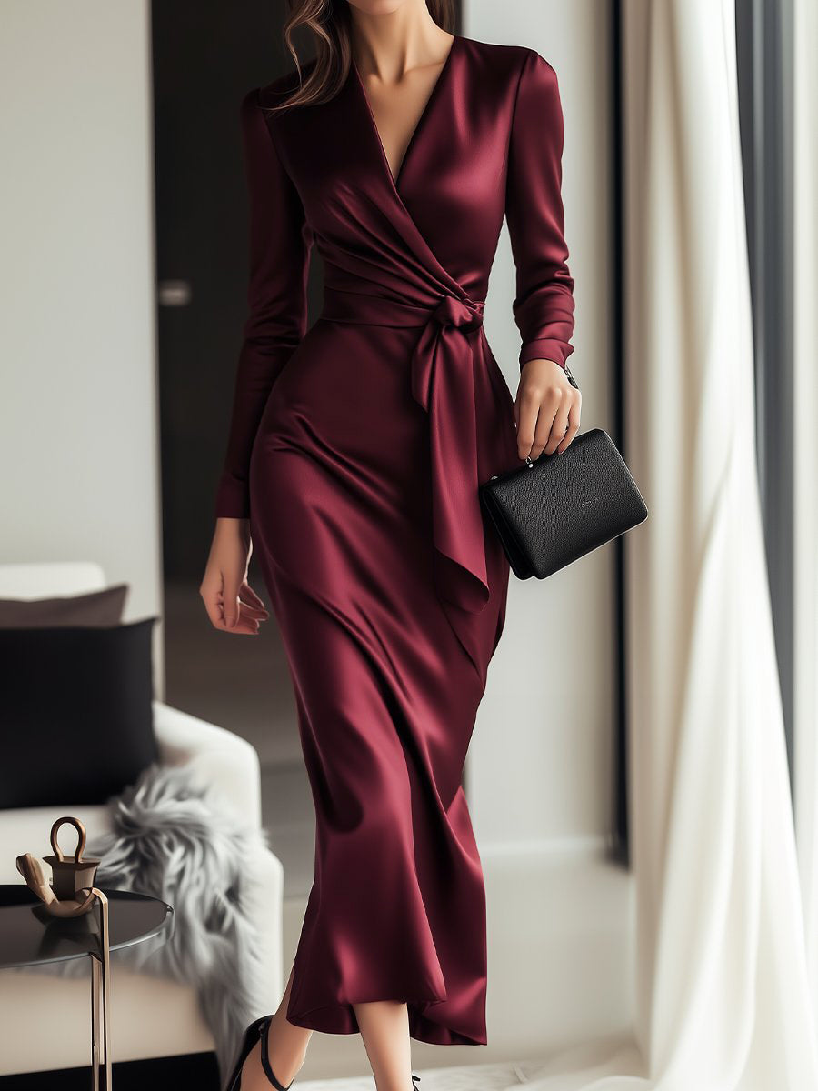 Timeless Burgundy Satin Wrap Dress with Waist Tie Detail | Elegant Women's Dress