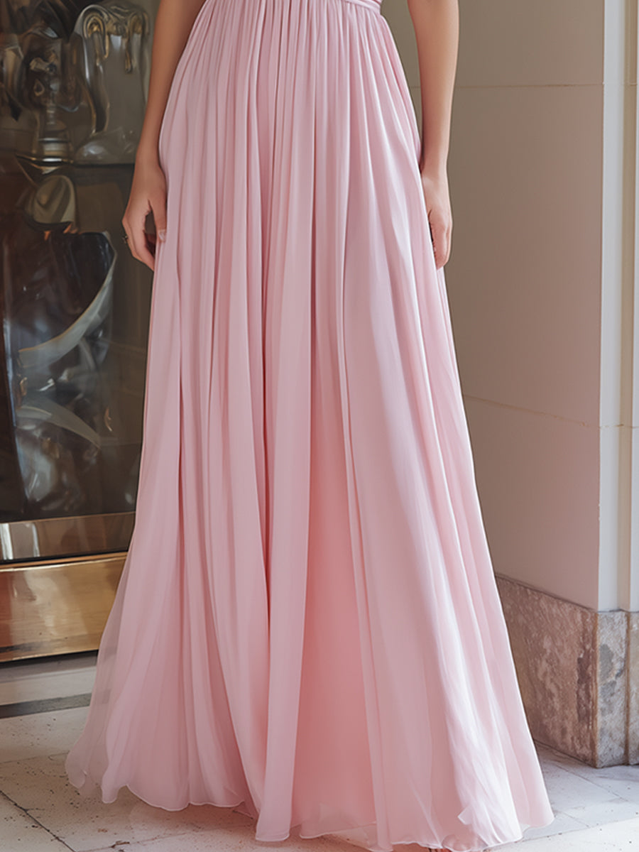 Blush Pink Halter Plunge Pleated Chiffon Maxi Dress | Elegant Women's Dress