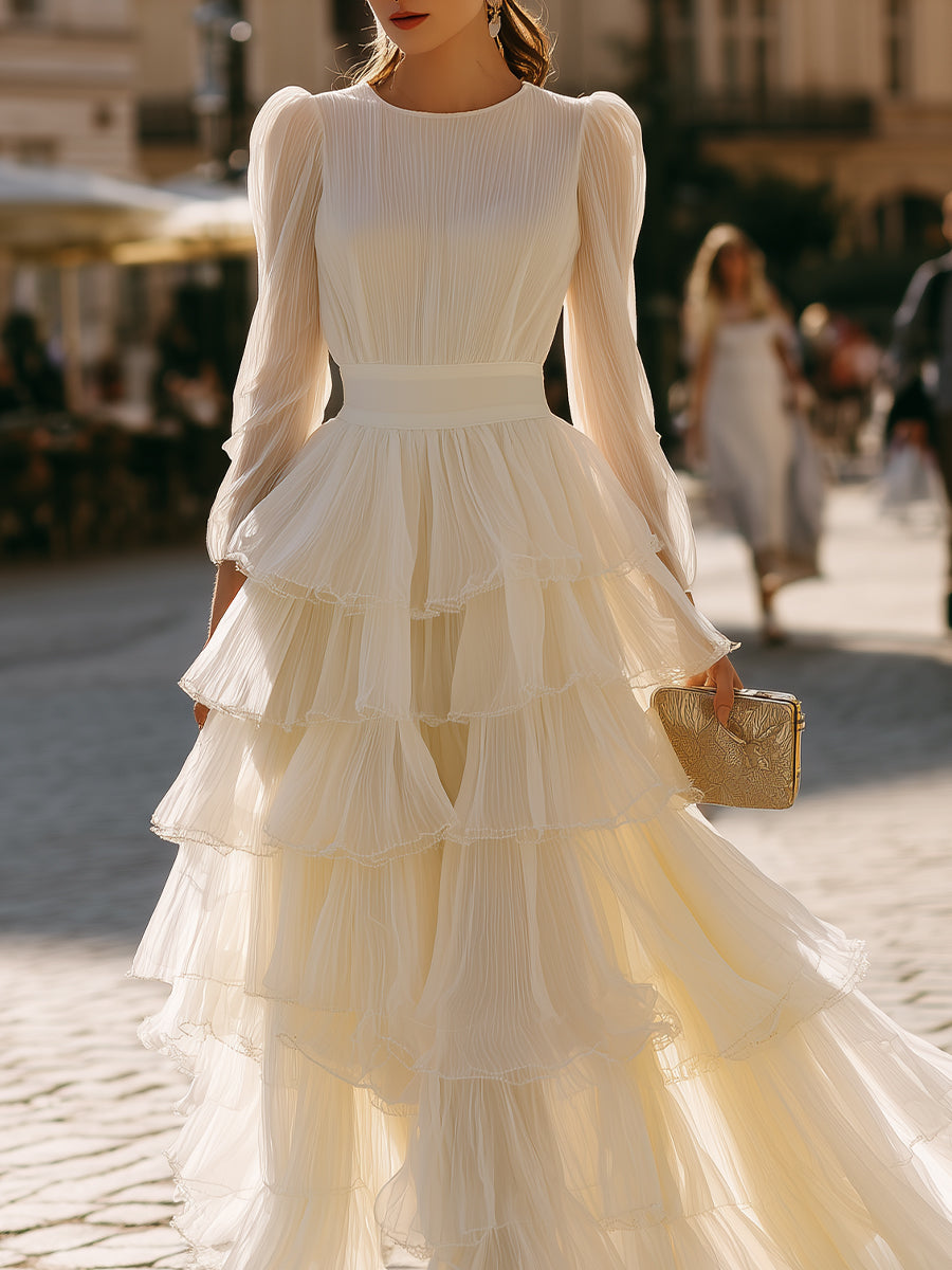 Tiered Ruffle Long Sleeve Pleated Maxi Dress | Elegant Women's Dress