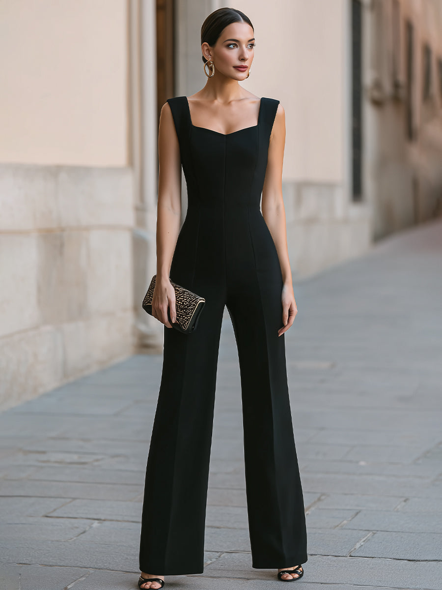 Square Neck Tailored Wide-Leg Jumpsuit | Elegant Women's Dress