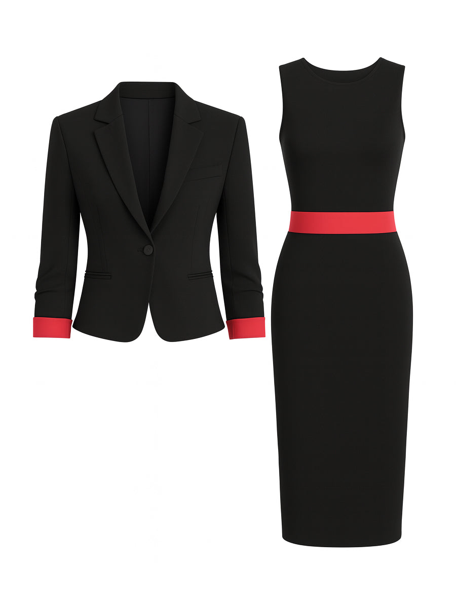 Contrast Trim Blazer & Sleeveless Midi Dress Set | Elegant Women's Dress