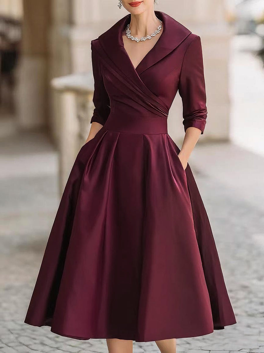 Vintage-Inspired Satin Midi Dress With Draped Collar | Elegant Women's Dress