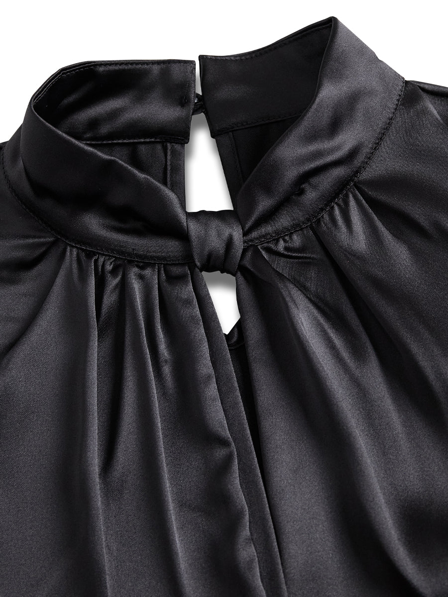 Sophisticated White Satin Blouse with Modern Keyhole Neckline | Elegant Women's Dress