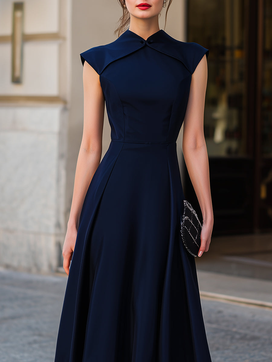 Structured Cap-Sleeve A-Line Midi Dress | Elegant Women's Dress