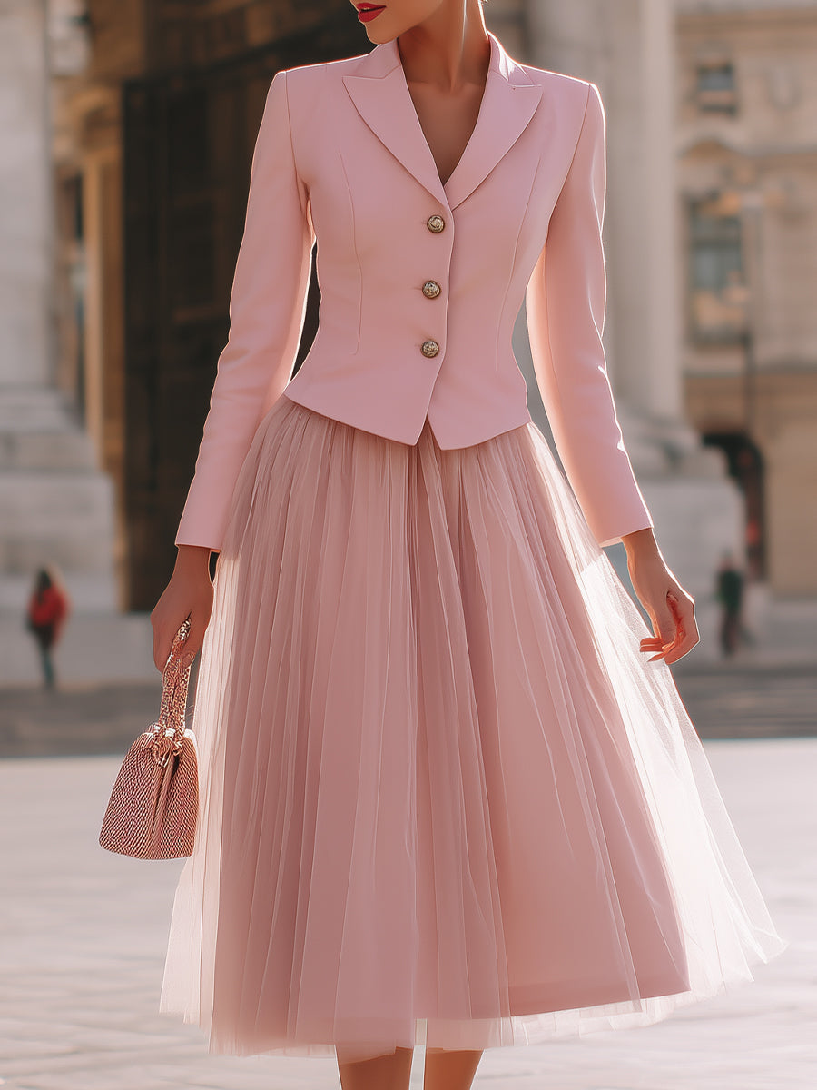 Blush Pink Tailored Blazer & Tulle Skirt Set | Elegant Women's Dress