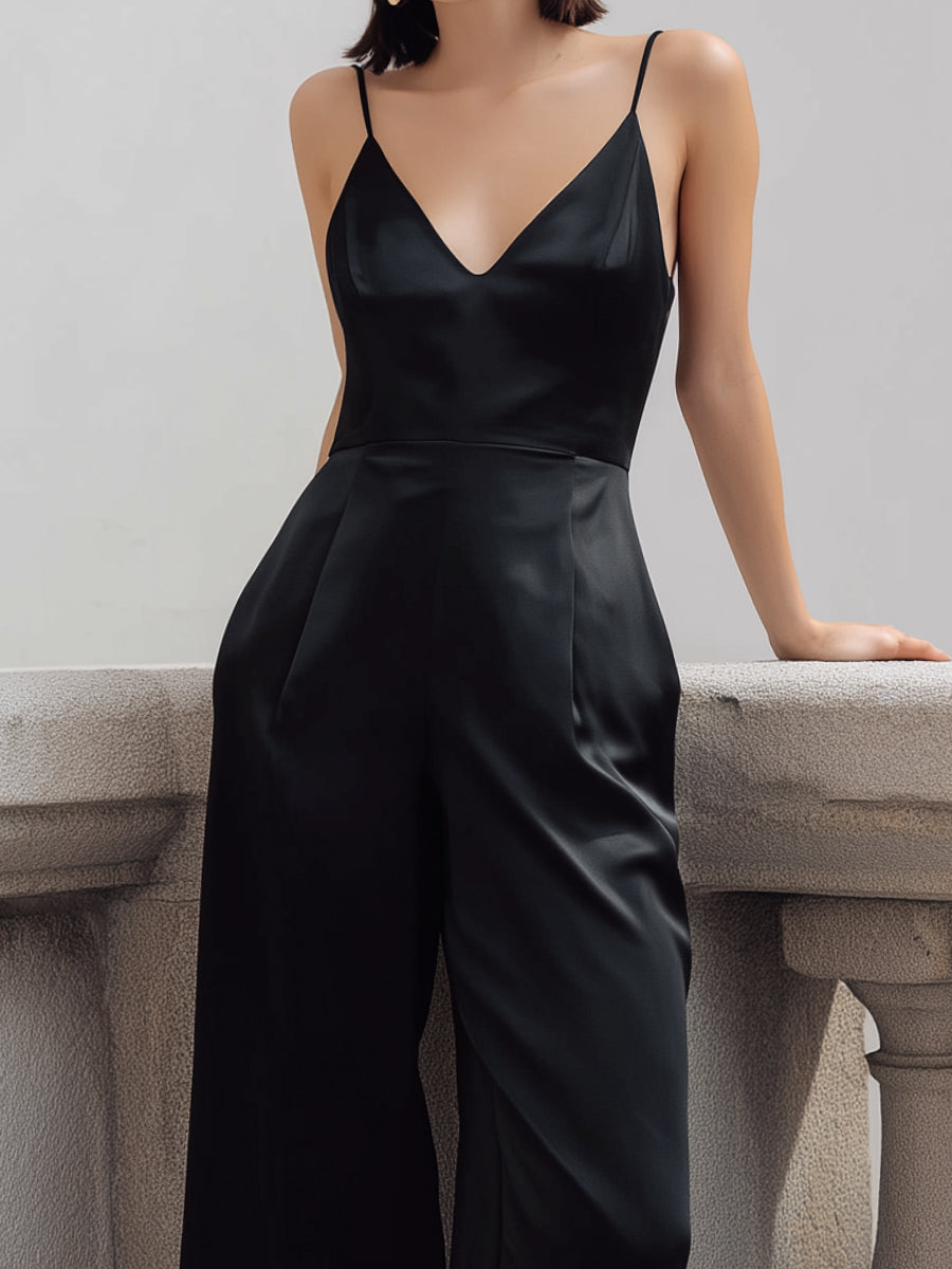 Black Satin Spaghetti-Strap Wide-Leg Jumpsuit | Elegant Women's Dress