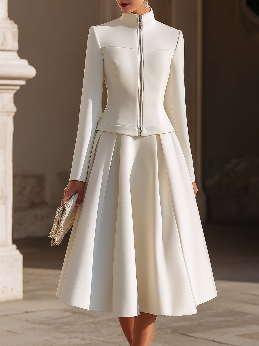 Stand Collar Zip-Up Jacket And Pleated Midi Skirt Set | Elegant Women's Dress