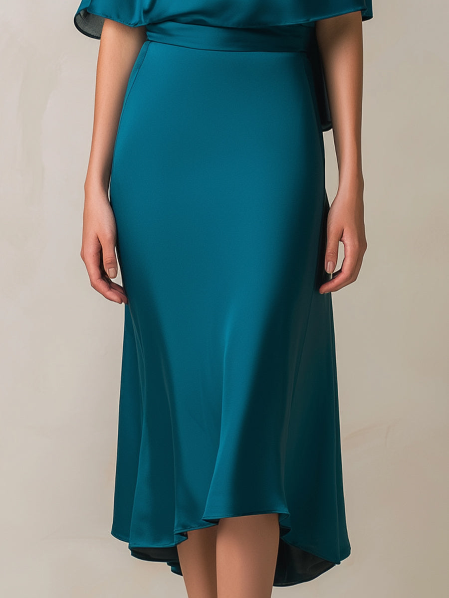Teal Draped Cape-Sleeve Midi Dress | Elegant Women's Dress