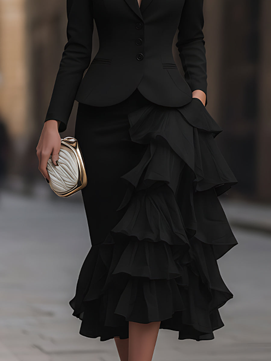 Tailored Blazer Jacket And Layered Ruffle Midi Skirt Set | Elegant Women's Dress